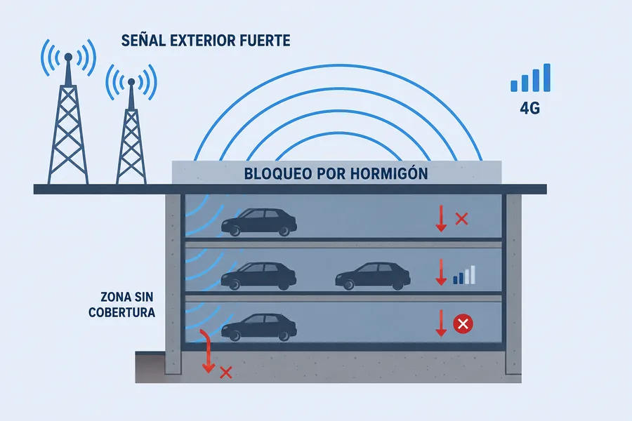 El hormigón del garaje bloquea la señal 4G — solución con repetidor en chalets de Pozuelo
