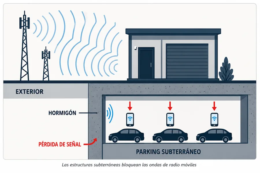 Diagrama repetidor 4G en parking subterráneo — cómo funciona