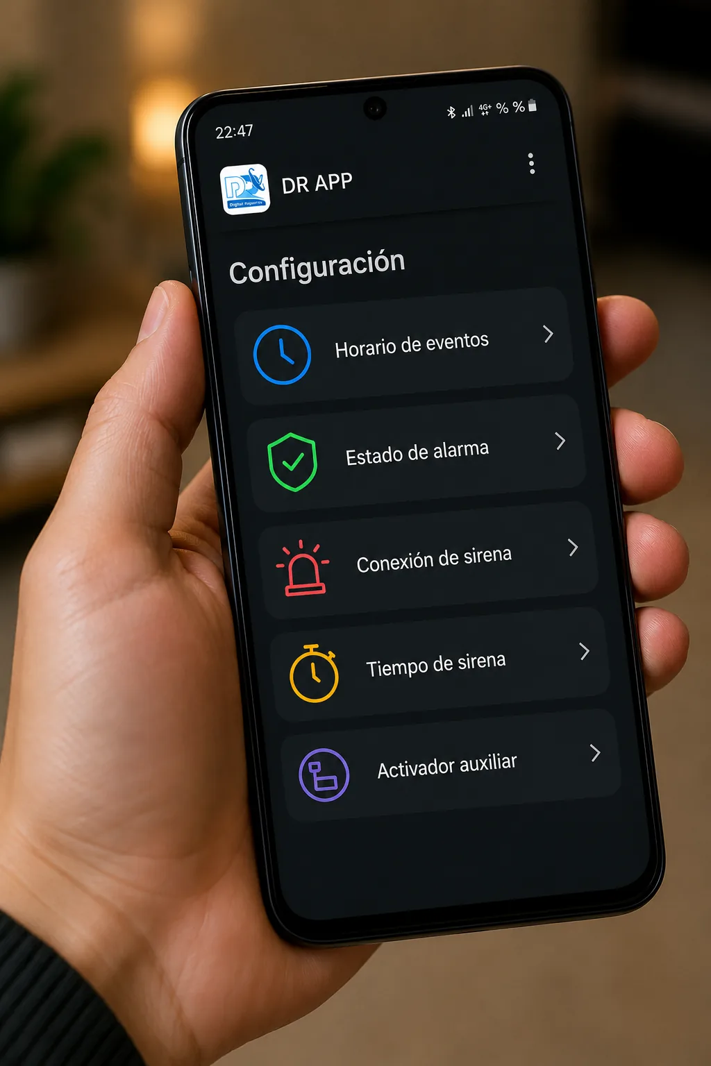 App DR configuración avisador trastero — ajuste de parámetros y contactos
