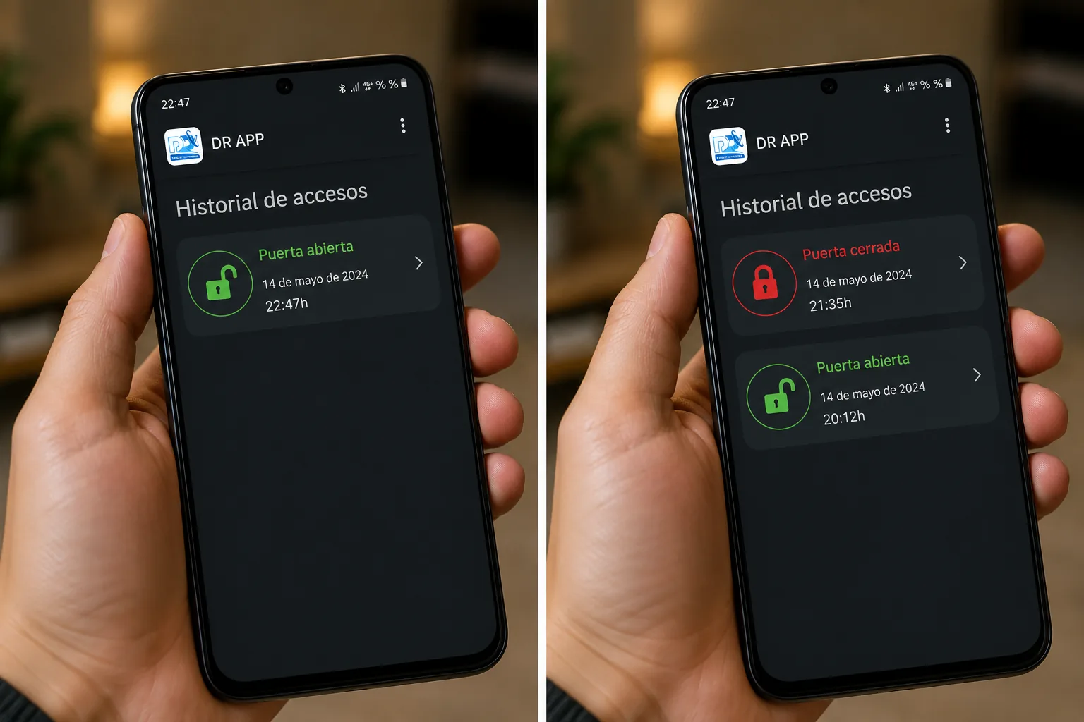 App DR detección apertura trastero abierta — notificación en tiempo real