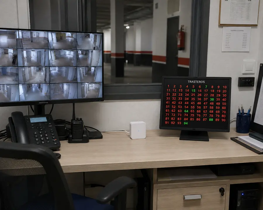 Panel de control de trasteros en conserjería con monitor de cámaras y panel de estado